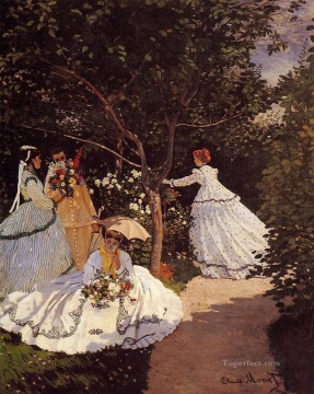 three women at the table by the lamp Painting - Women in the Garden Claude Monet